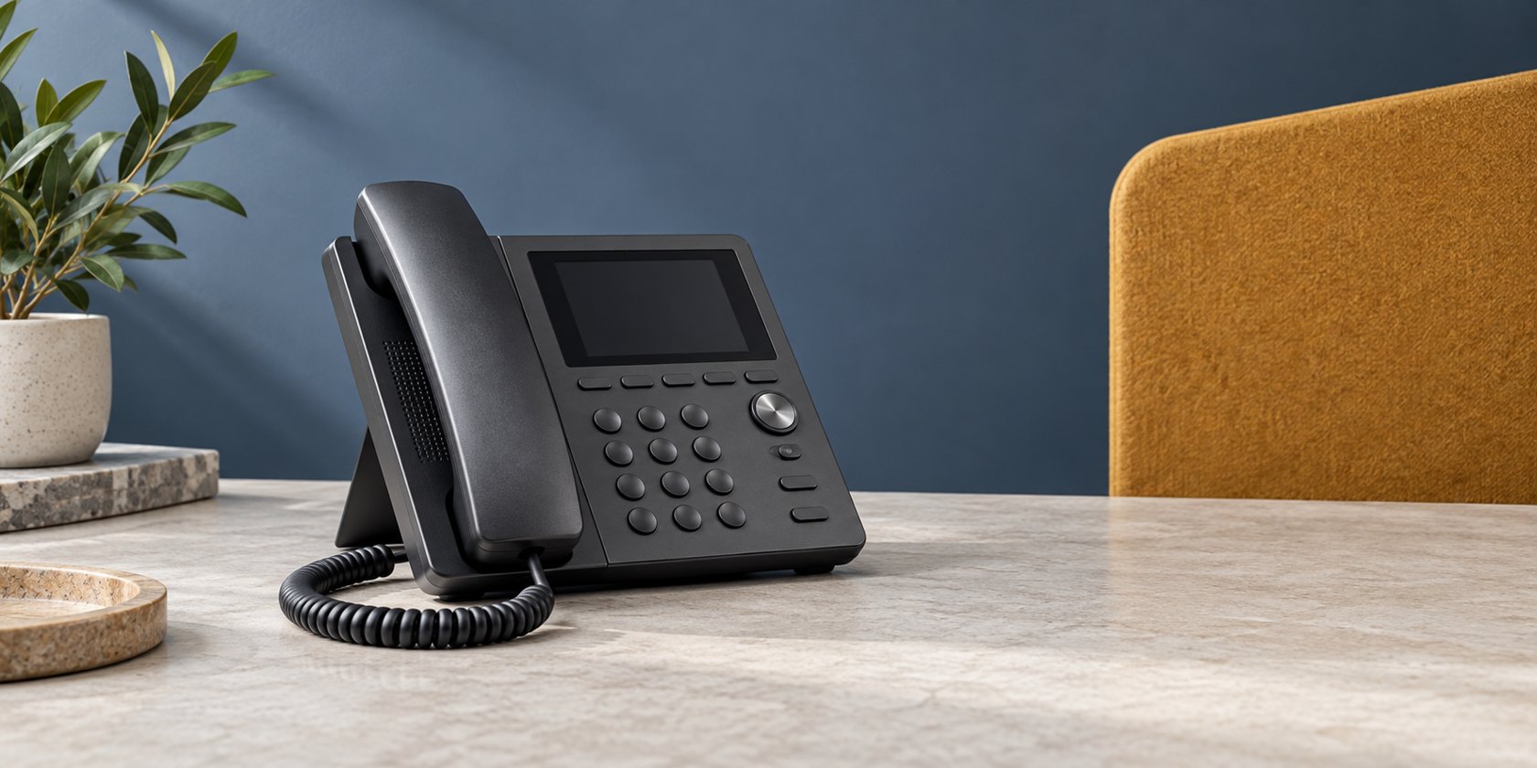 An unbranded desk phone and coiled cord on a pale stone surface.